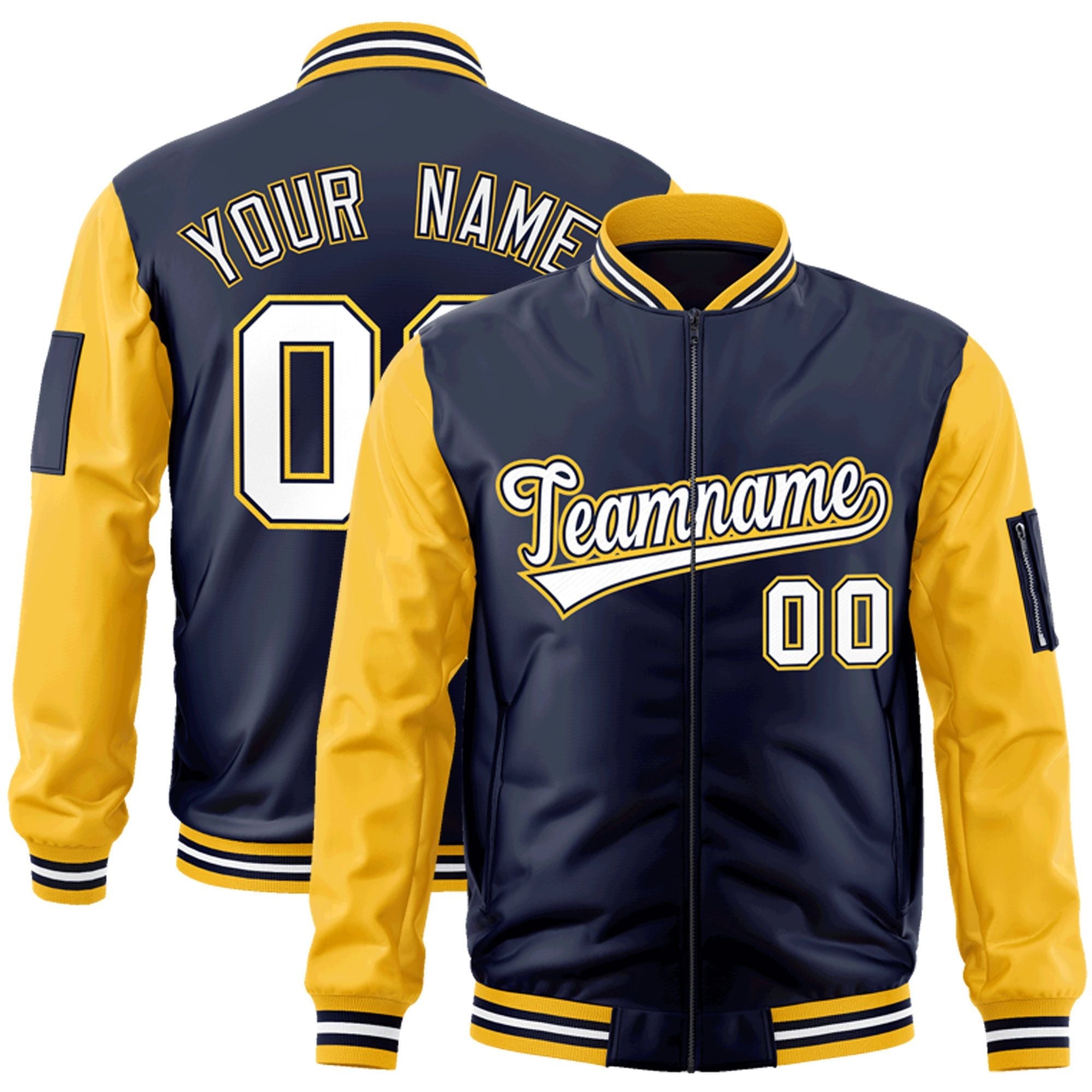 Custom Navy Gold-White-Varsity Full-Zip Raglan Sleeves Letterman Bomber Jacket