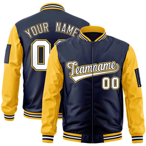 Custom Navy Gold-White-Varsity Full-Zip Raglan Sleeves Letterman Bomber Jacket