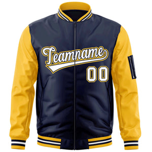 Custom Navy Gold-White-Varsity Full-Zip Raglan Sleeves Letterman Bomber Jacket