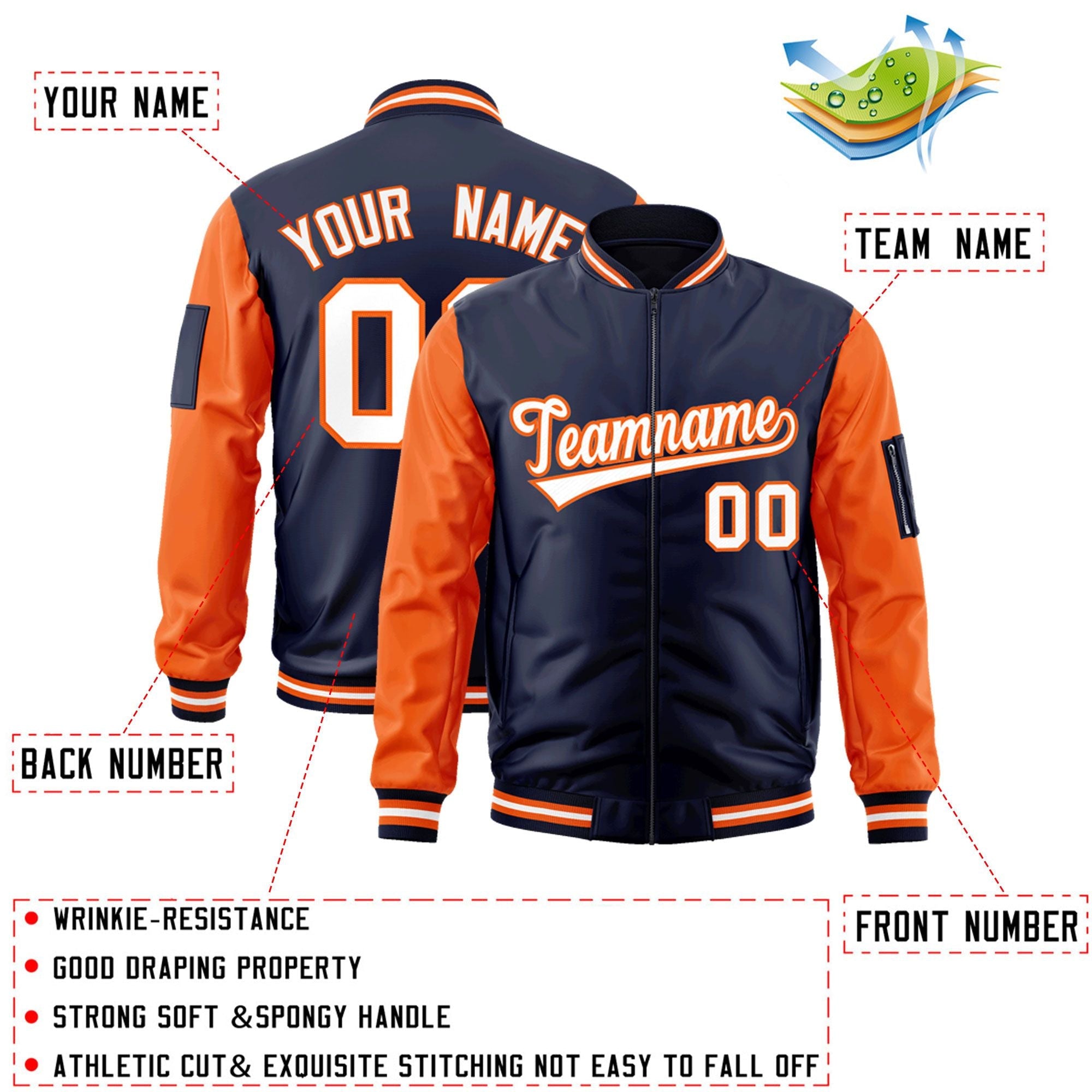 Custom Navy Orange-White Varsity Full-Zip Raglan Sleeves Letterman Bomber Jacket