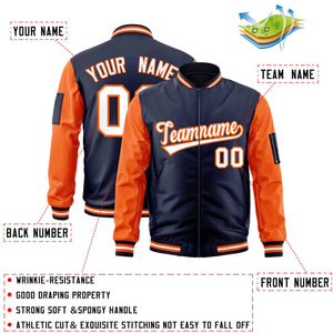 Custom Navy Orange-White Varsity Full-Zip Raglan Sleeves Letterman Bomber Jacket