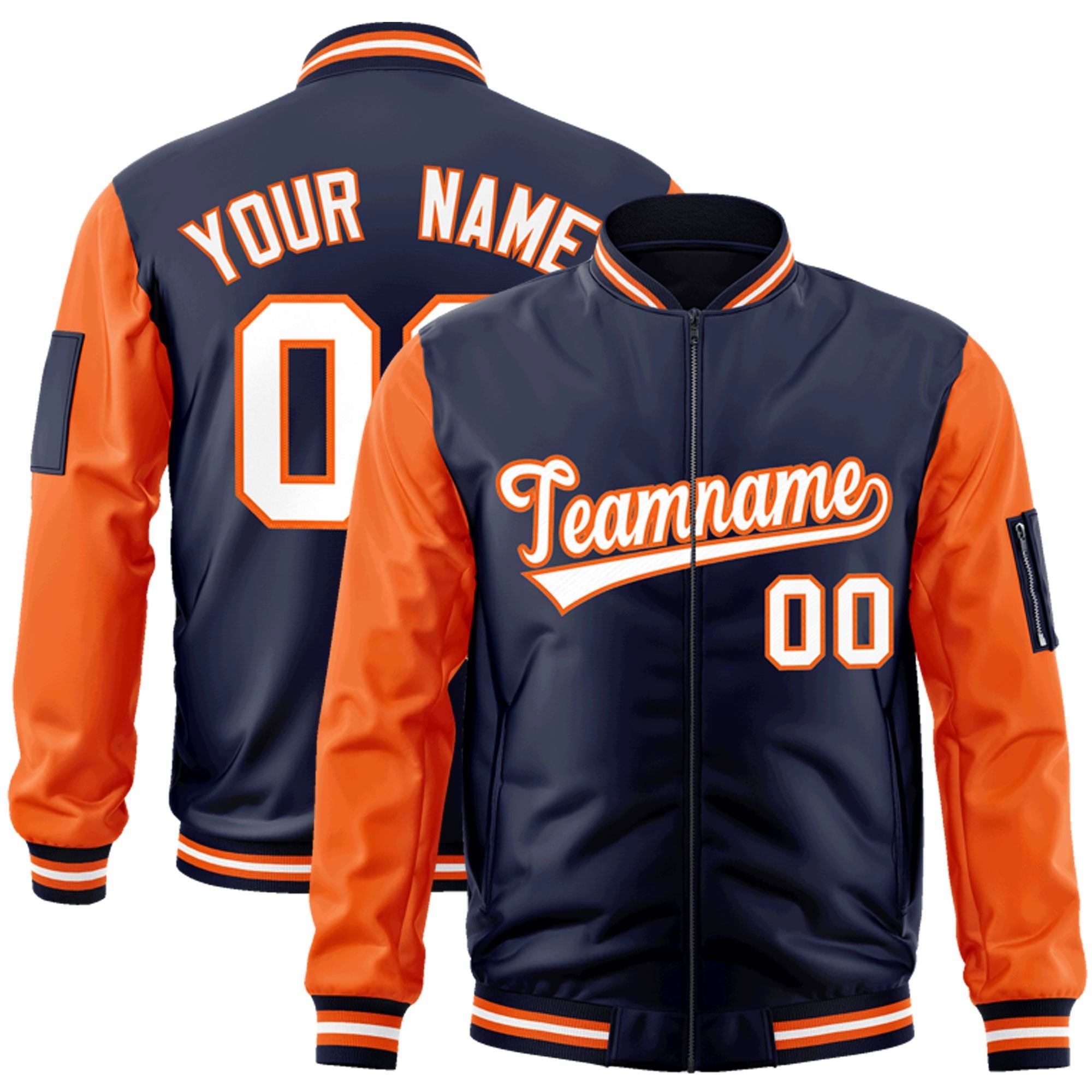 Custom Navy Orange-White Varsity Full-Zip Raglan Sleeves Letterman Bomber Jacket