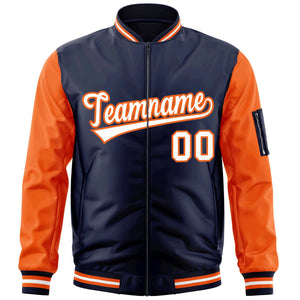 Custom Navy Orange-White Varsity Full-Zip Raglan Sleeves Letterman Bomber Jacket