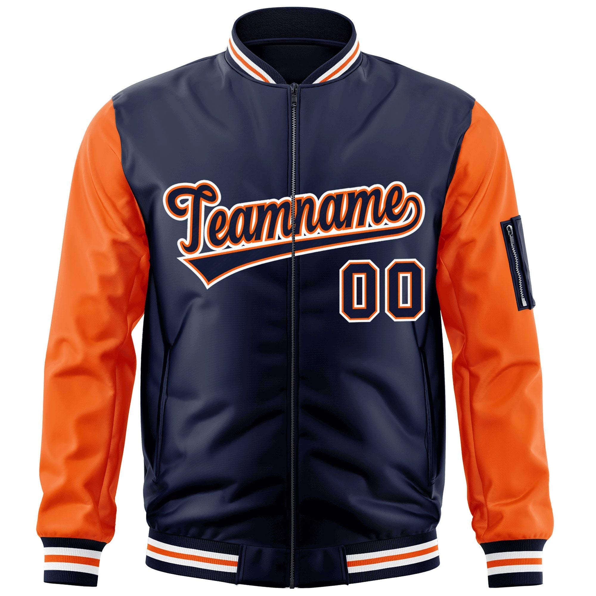 Custom Navy Orange-White Varsity Full-Zip Raglan Sleeves Letterman Bomber Jacket