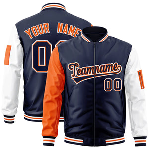 Custom Navy Orange-White Varsity Full-Zip Raglan Sleeves Letterman Bomber Jacket