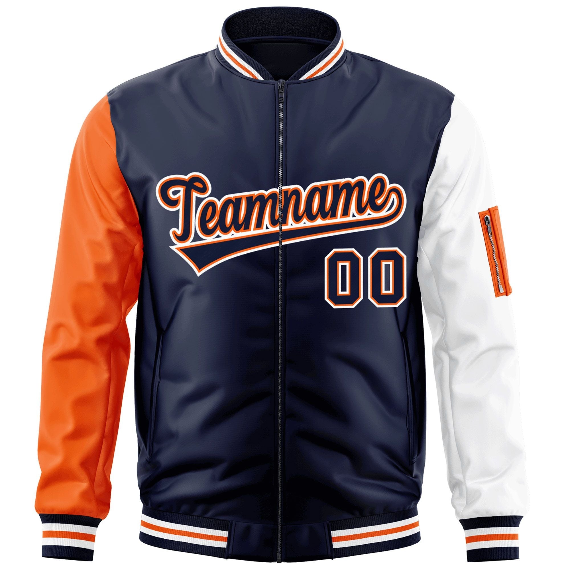 Custom Navy Orange-White Varsity Full-Zip Raglan Sleeves Letterman Bomber Jacket