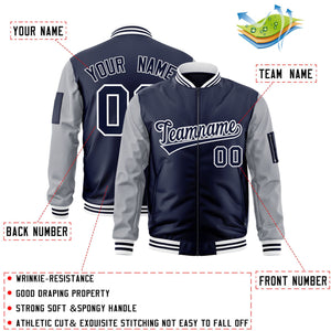 Custom Navy Gray-White Varsity Full-Zip Raglan Sleeves Letterman Bomber Jacket