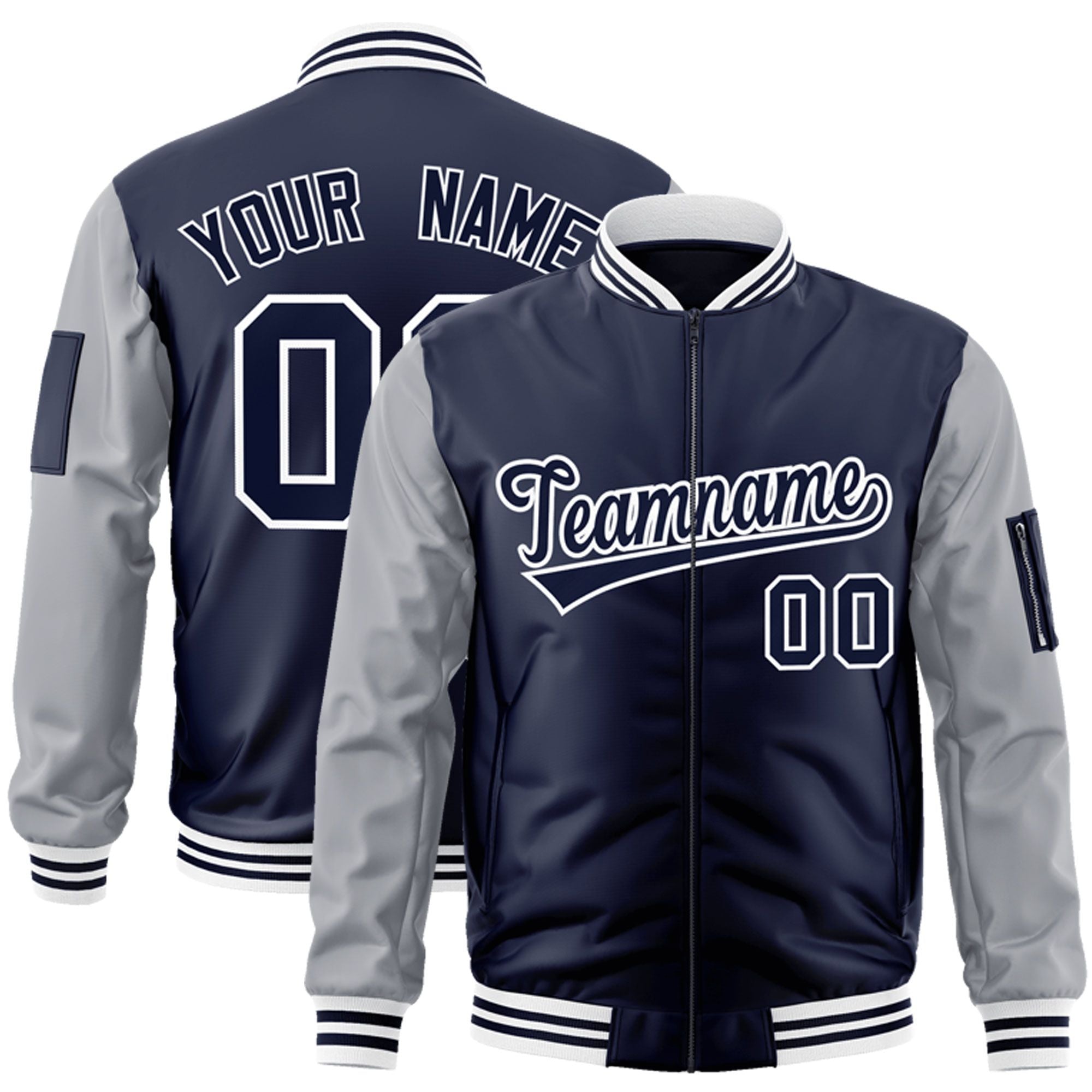 Custom Navy Gray-White Varsity Full-Zip Raglan Sleeves Letterman Bomber Jacket