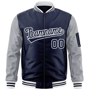 Custom Navy Gray-White Varsity Full-Zip Raglan Sleeves Letterman Bomber Jacket