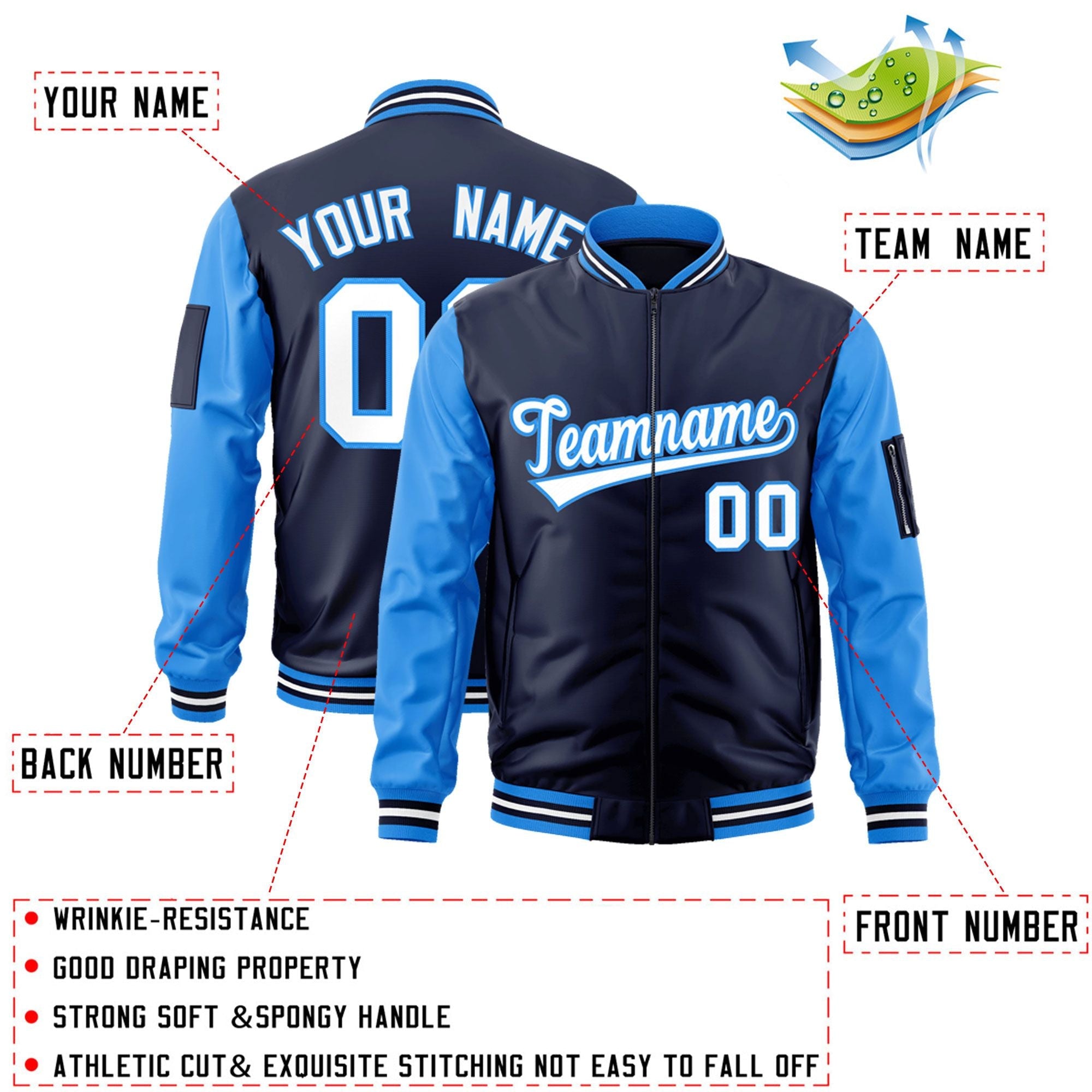 Custom Navy Powder Blue-White Varsity Full-Zip Raglan Sleeves Letterman Bomber Jacket