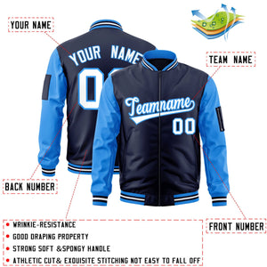 Custom Navy Powder Blue-White Varsity Full-Zip Raglan Sleeves Letterman Bomber Jacket