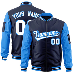 Custom Navy Powder Blue-White Varsity Full-Zip Raglan Sleeves Letterman Bomber Jacket