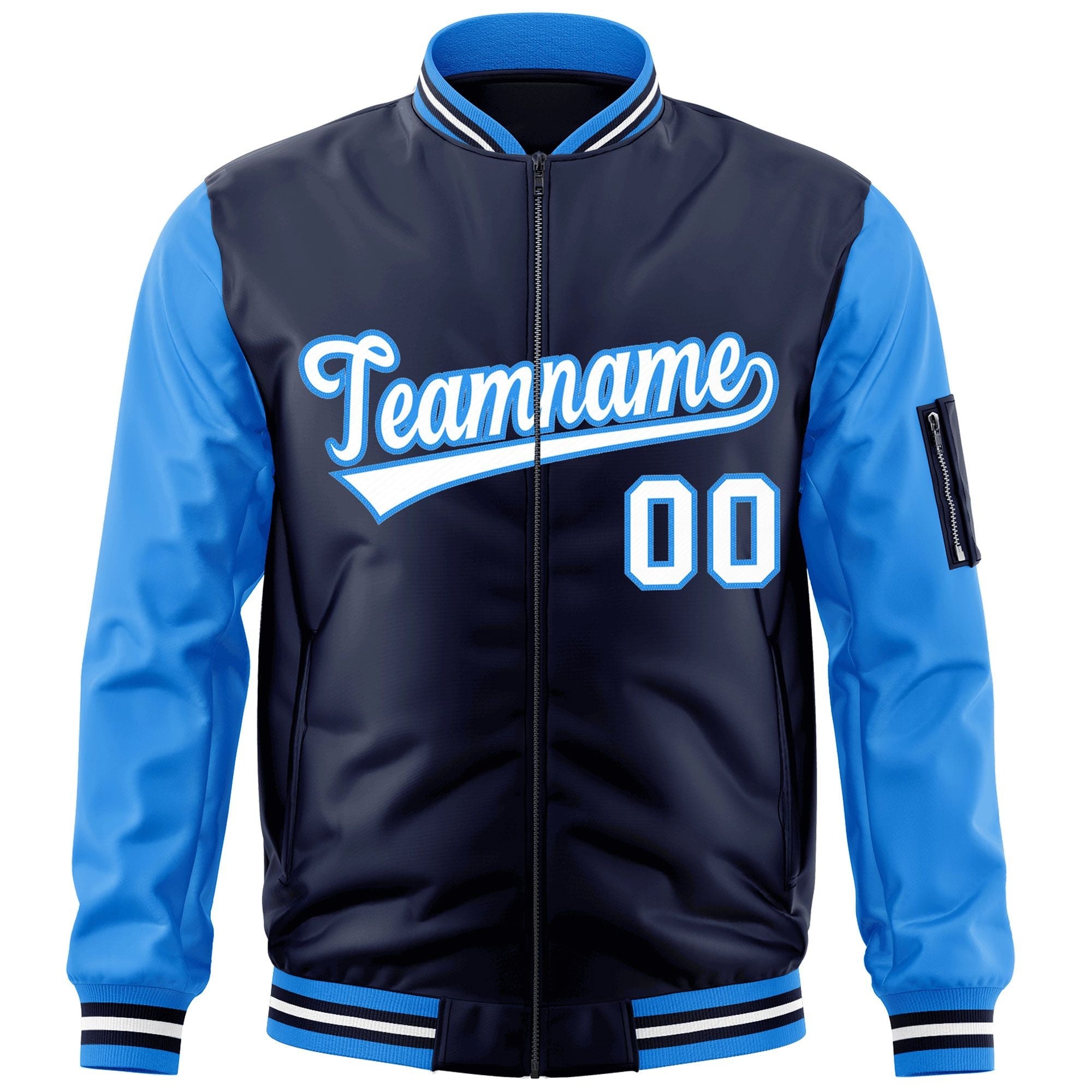 Custom Navy Powder Blue-White Varsity Full-Zip Raglan Sleeves Letterman Bomber Jacket