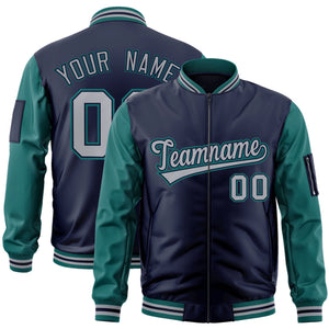 Custom Navy Gray-Aqua Varsity Full-Zip Raglan Sleeves Letterman Bomber Jacket