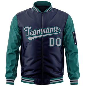 Custom Navy Gray-Aqua Varsity Full-Zip Raglan Sleeves Letterman Bomber Jacket