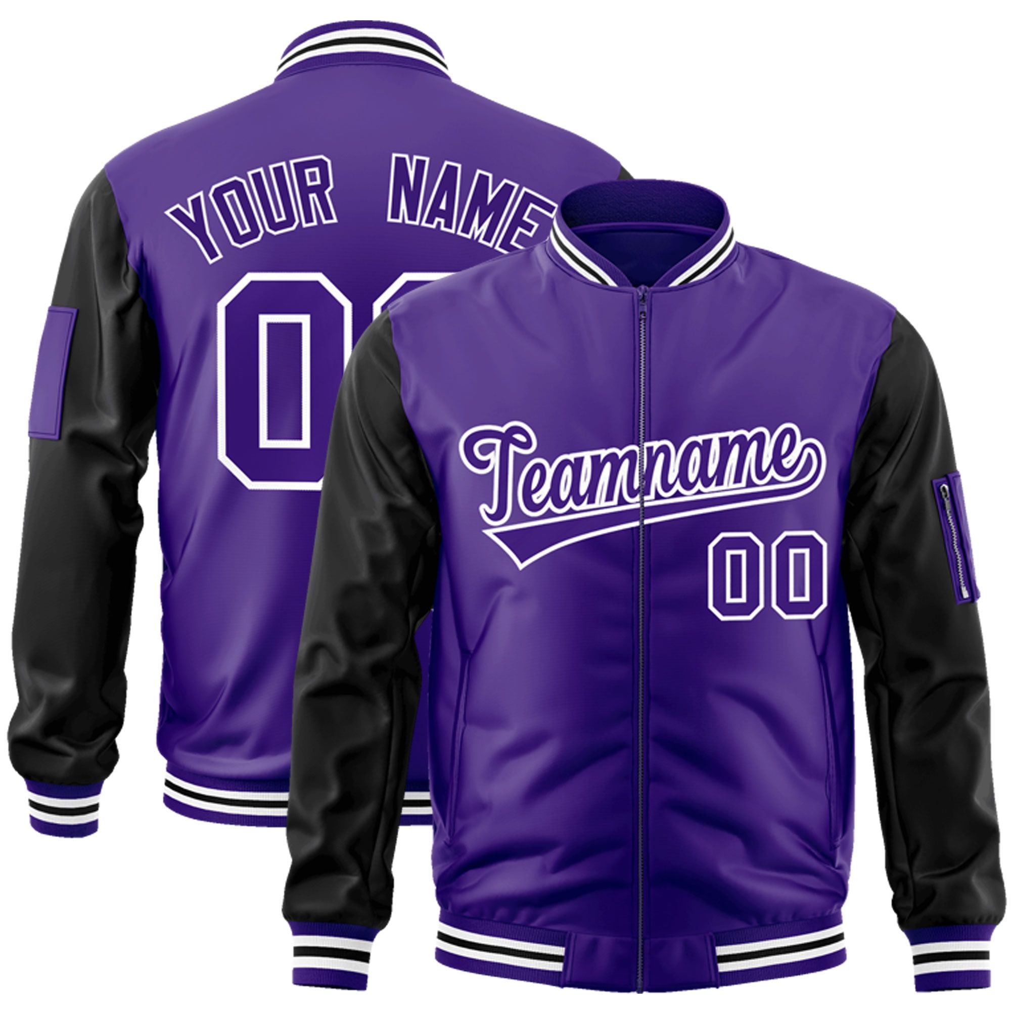 Custom Purple Black-White Varsity Full-Zip Raglan Sleeves Letterman Bomber Jacket