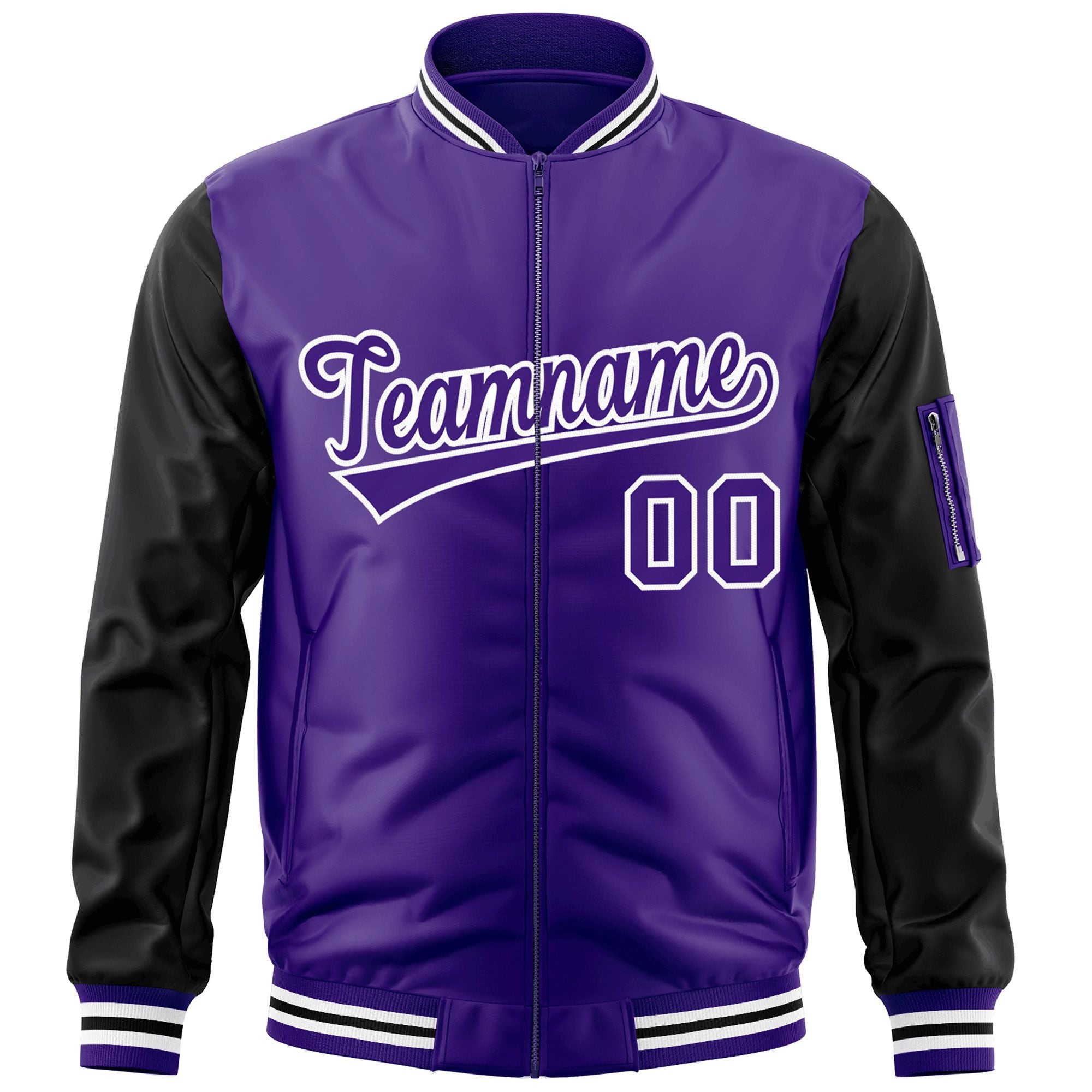 Custom Purple Black-White Varsity Full-Zip Raglan Sleeves Letterman Bomber Jacket