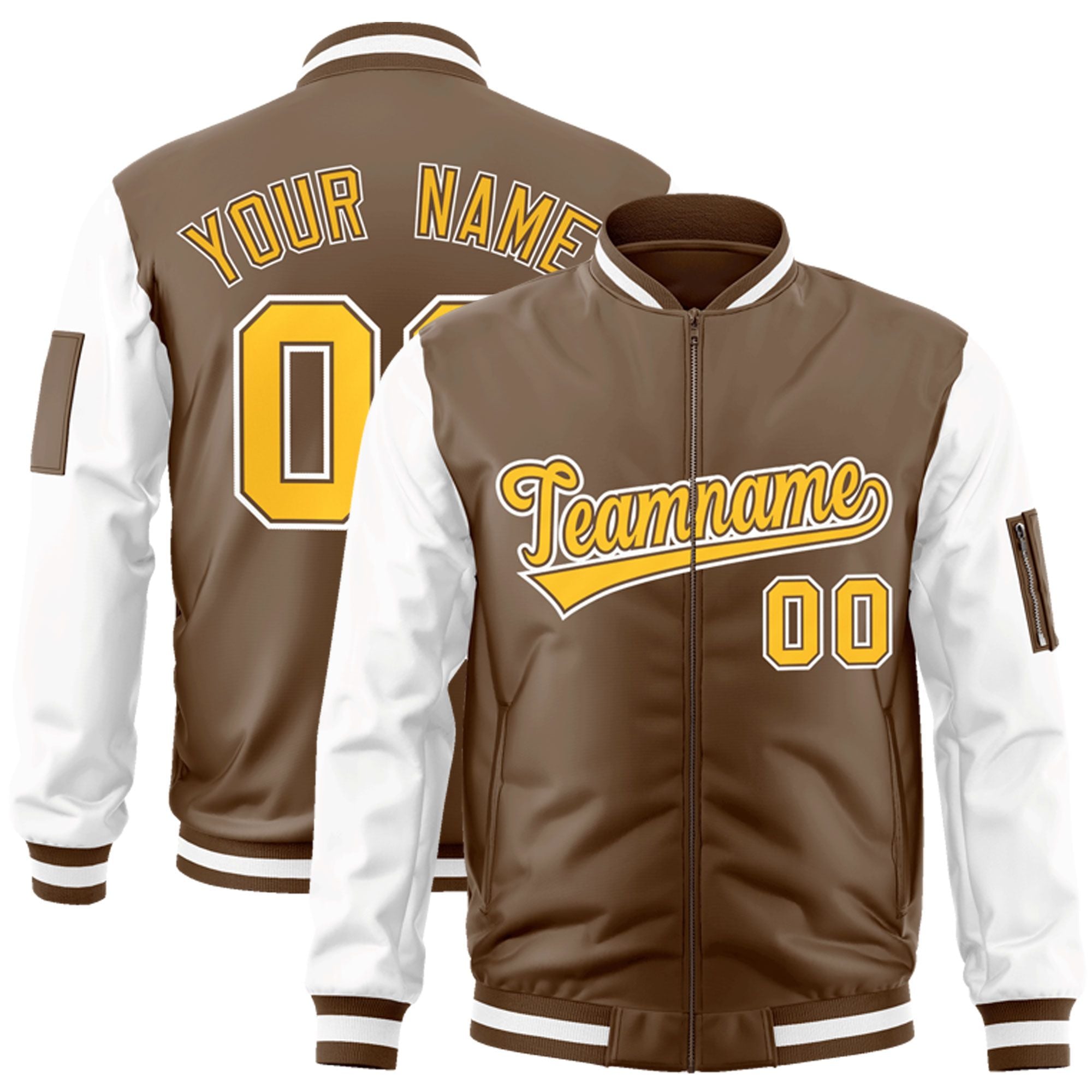 Custom Brown White-Gold Varsity Full-Zip Raglan Sleeves Letterman Bomber Jacket