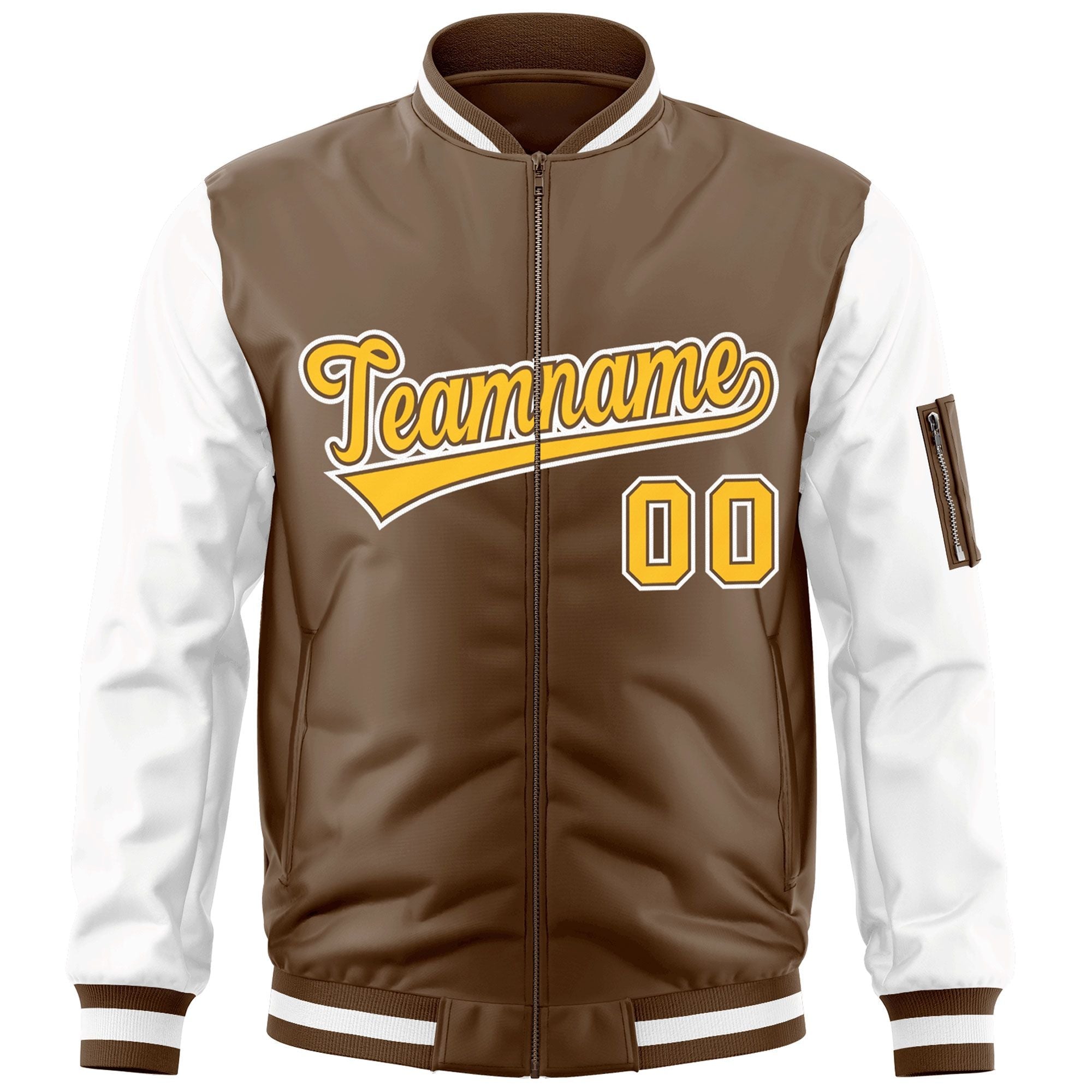 Custom Brown White-Gold Varsity Full-Zip Raglan Sleeves Letterman Bomber Jacket