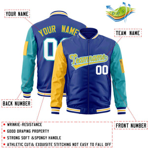 Custom Royal Gold-Aqua Varsity Full-Zip Raglan Sleeves Letterman Bomber Jacket