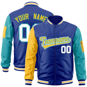 Custom Royal Gold-Aqua Varsity Full-Zip Raglan Sleeves Letterman Bomber Jacket