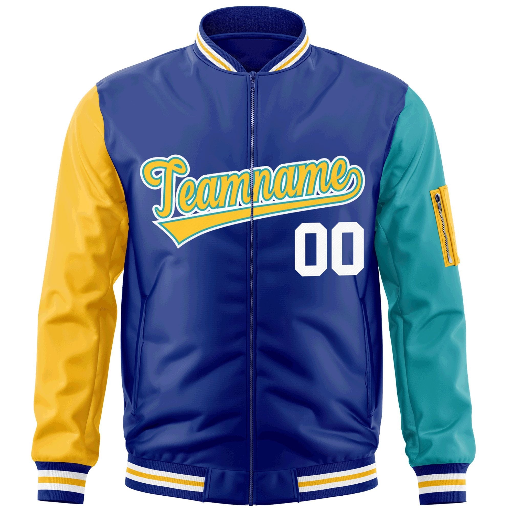 Custom Royal Gold-Aqua Varsity Full-Zip Raglan Sleeves Letterman Bomber Jacket