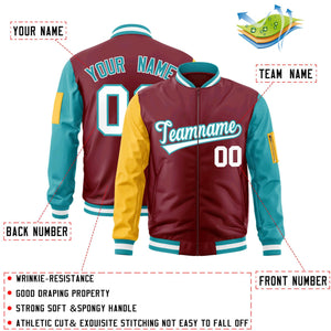 Custom Crimson Gold-Aqua Varsity Full-Zip Raglan Sleeves Letterman Bomber Jacket