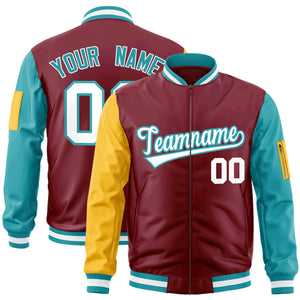 Custom Crimson Gold-Aqua Varsity Full-Zip Raglan Sleeves Letterman Bomber Jacket