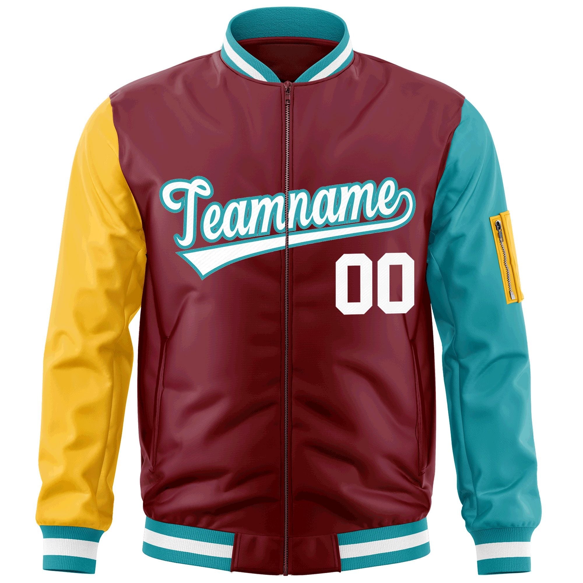 Custom Crimson Gold-Aqua Varsity Full-Zip Raglan Sleeves Letterman Bomber Jacket