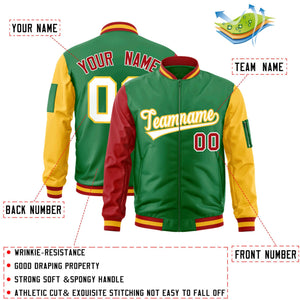 Custom Kelly Green Red-Gold Varsity Full-Zip Raglan Sleeves Letterman Bomber Jacket