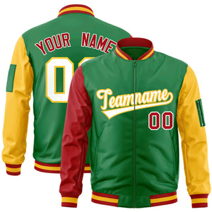 Custom Kelly Green Red-Gold Varsity Full-Zip Raglan Sleeves Letterman Bomber Jacket