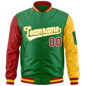 Custom Kelly Green Red-Gold Varsity Full-Zip Raglan Sleeves Letterman Bomber Jacket