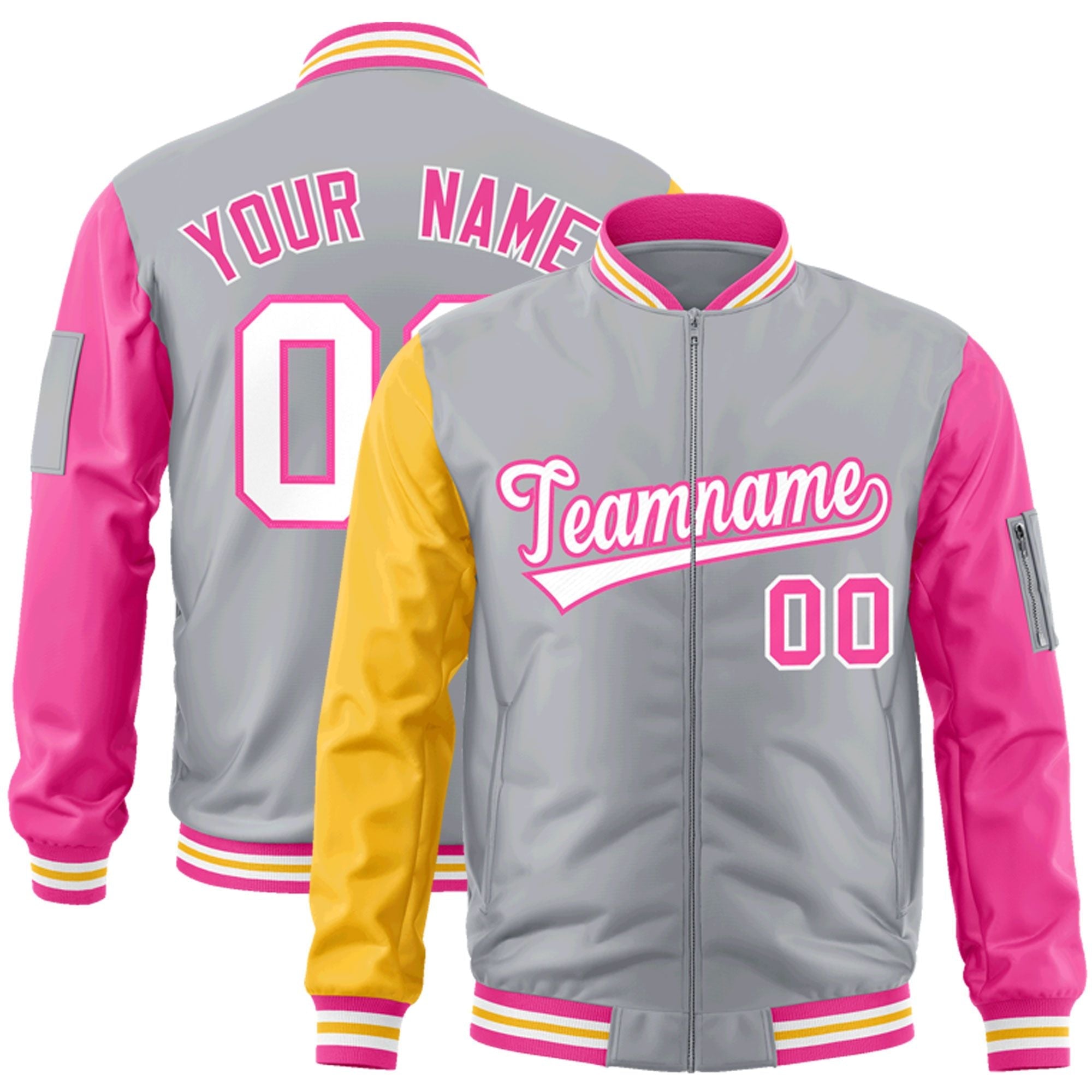 Custom Gray Gold-Pink Varsity Full-Zip Raglan Sleeves Letterman Bomber Jacket