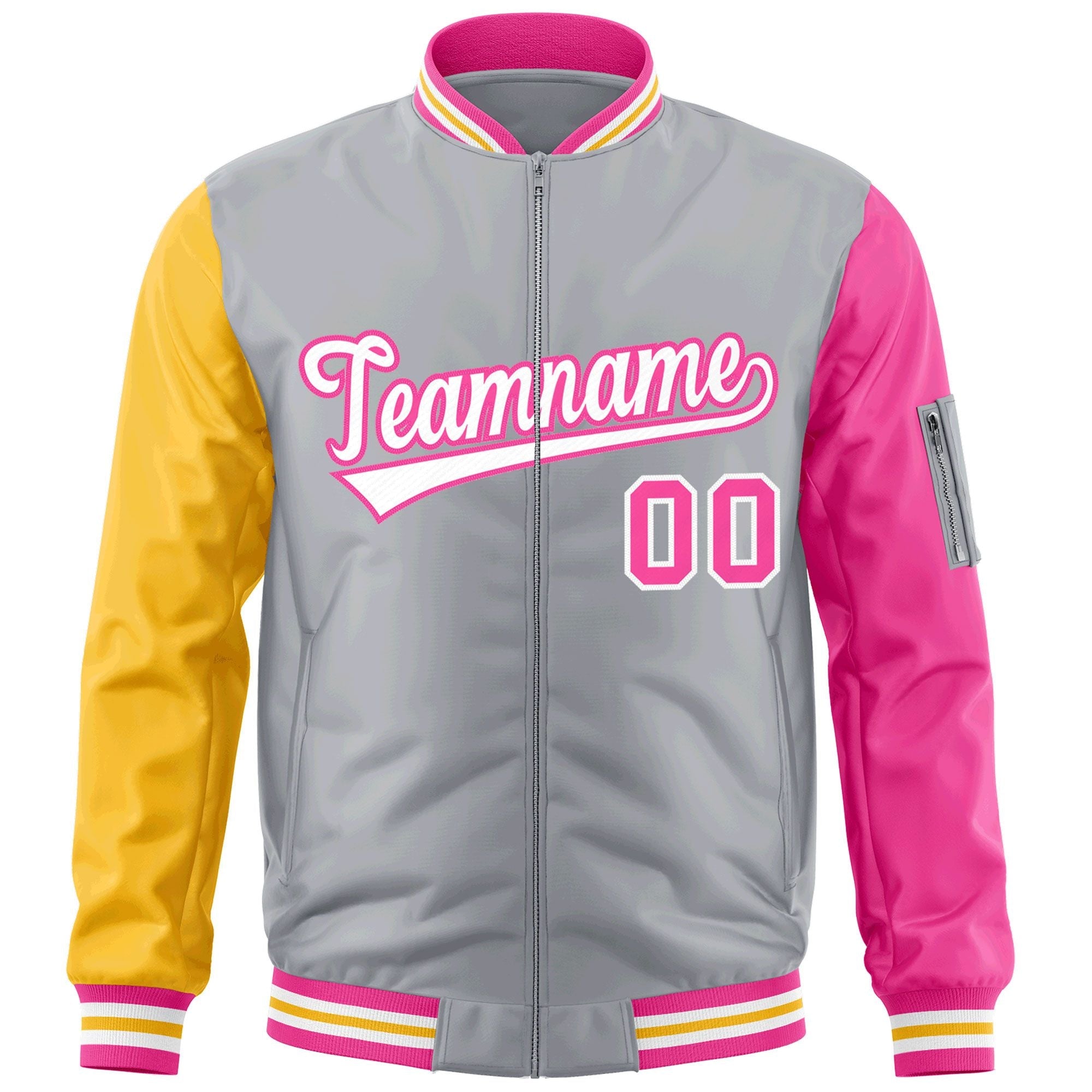 Custom Gray Gold-Pink Varsity Full-Zip Raglan Sleeves Letterman Bomber Jacket