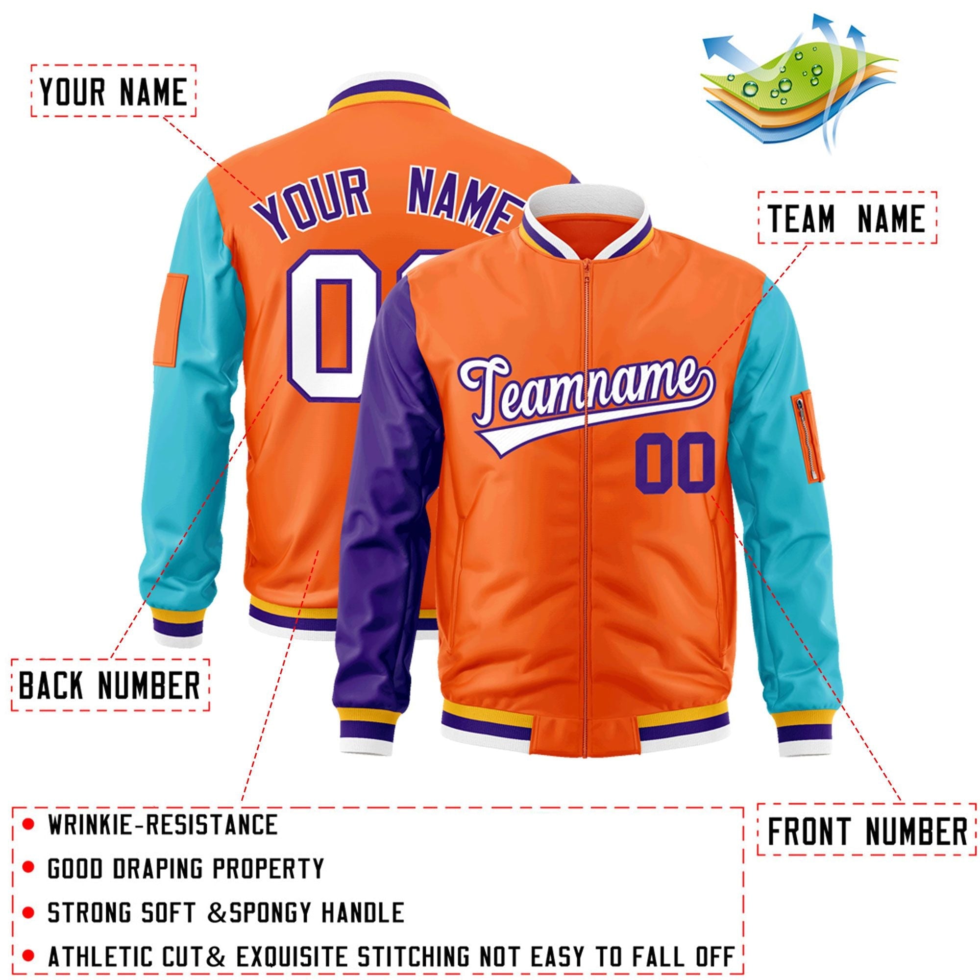 Custom Orange Purple-Aqua Varsity Full-Zip Raglan Sleeves Letterman Bomber Jacket