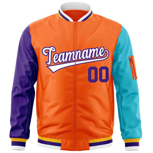 Custom Orange Purple-Aqua Varsity Full-Zip Raglan Sleeves Letterman Bomber Jacket