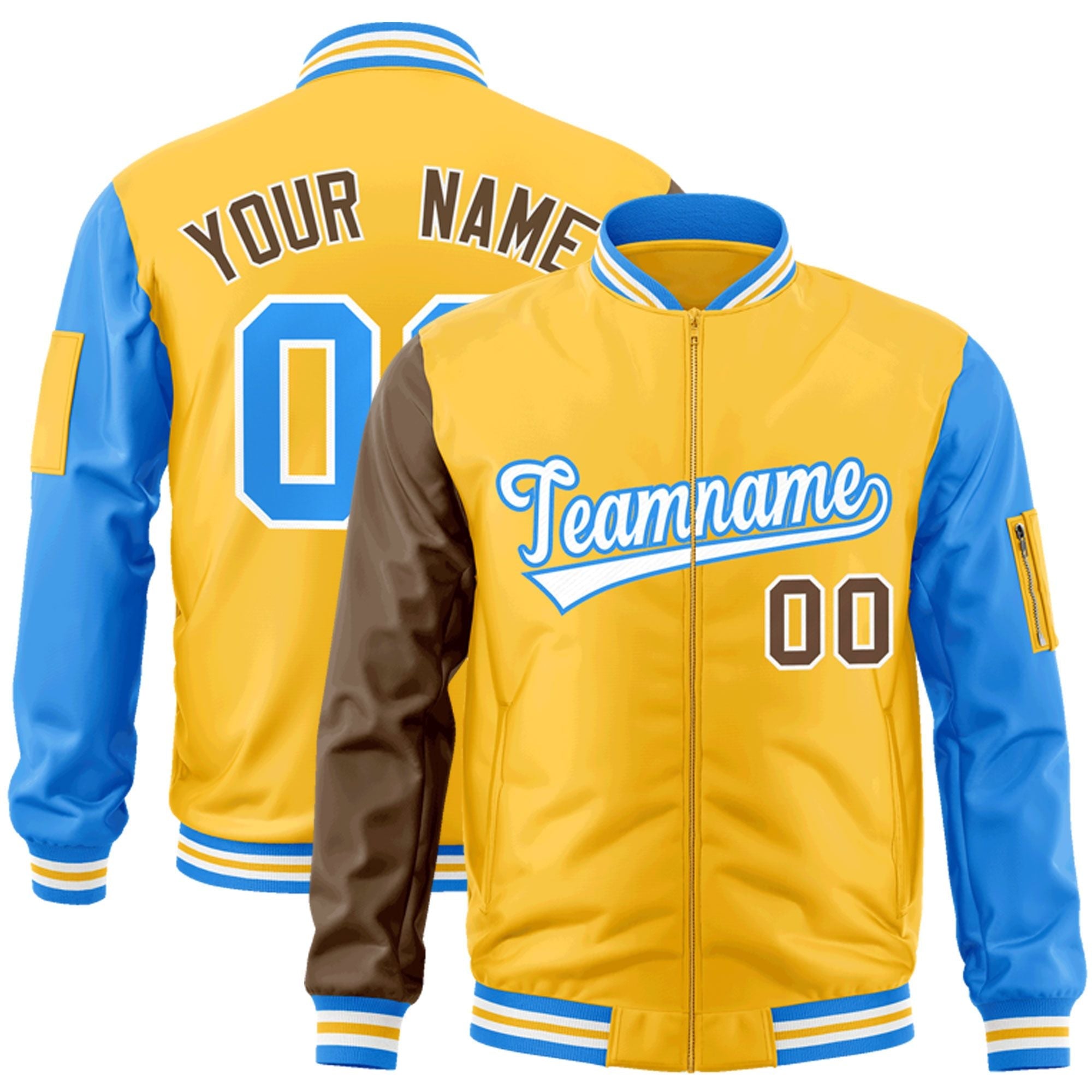 Custom Gold Brown-Powder Blue Varsity Full-Zip Raglan Sleeves Letterman Bomber Jacket