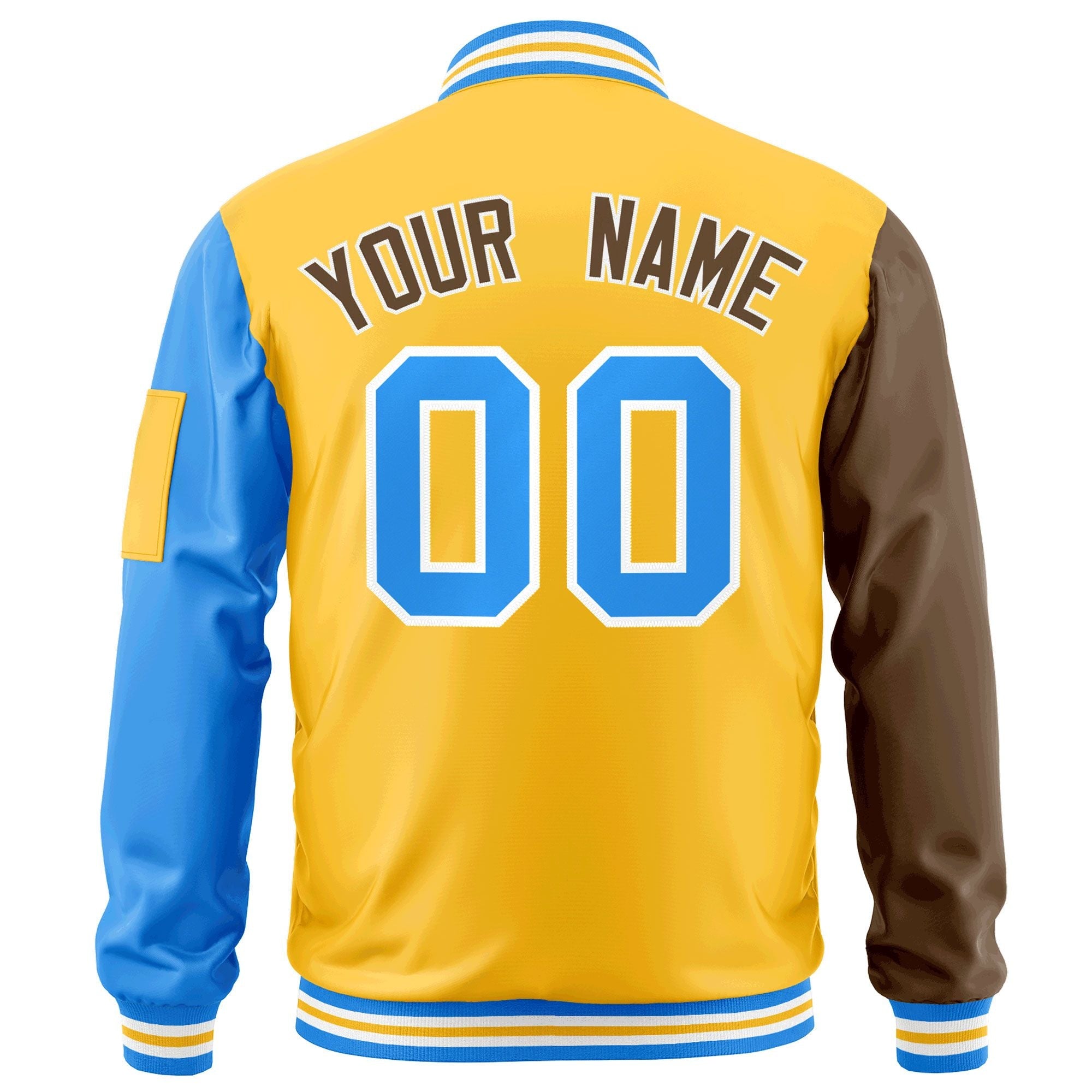 Custom Gold Brown-Powder Blue Varsity Full-Zip Raglan Sleeves Letterman Bomber Jacket