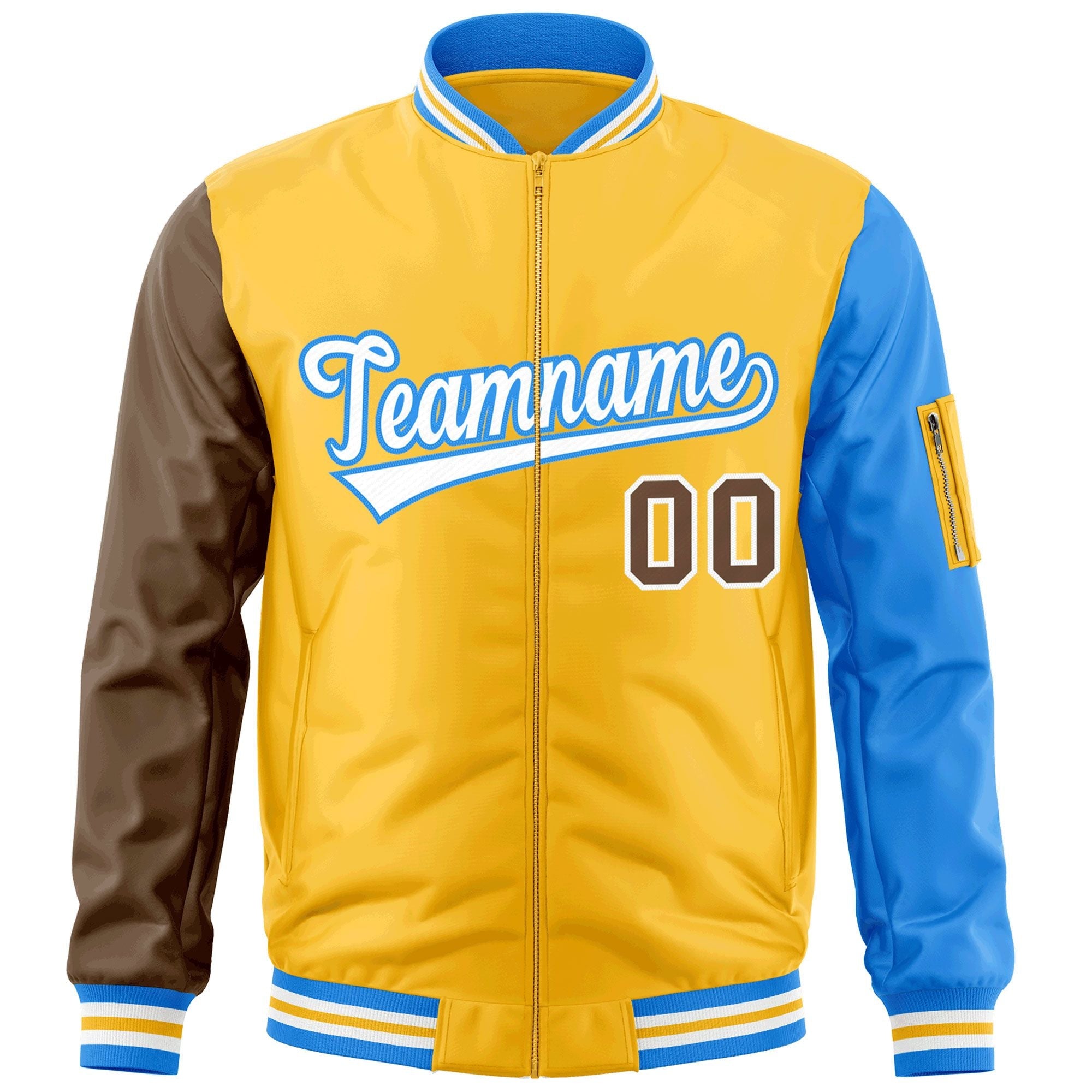 Custom Gold Brown-Powder Blue Varsity Full-Zip Raglan Sleeves Letterman Bomber Jacket