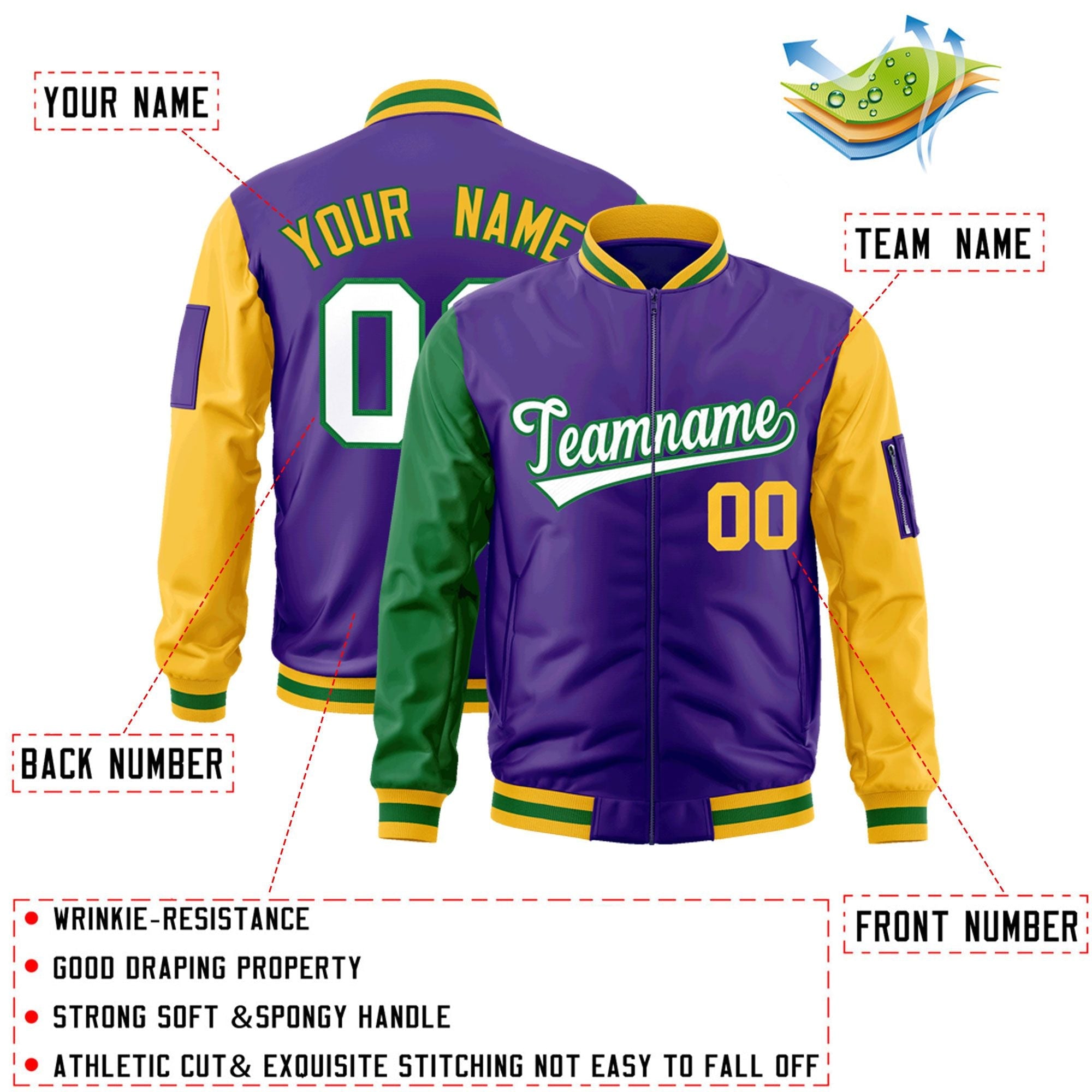 Custom Purple Kelly Green-Gold Varsity Full-Zip Raglan Sleeves Letterman Bomber Jacket