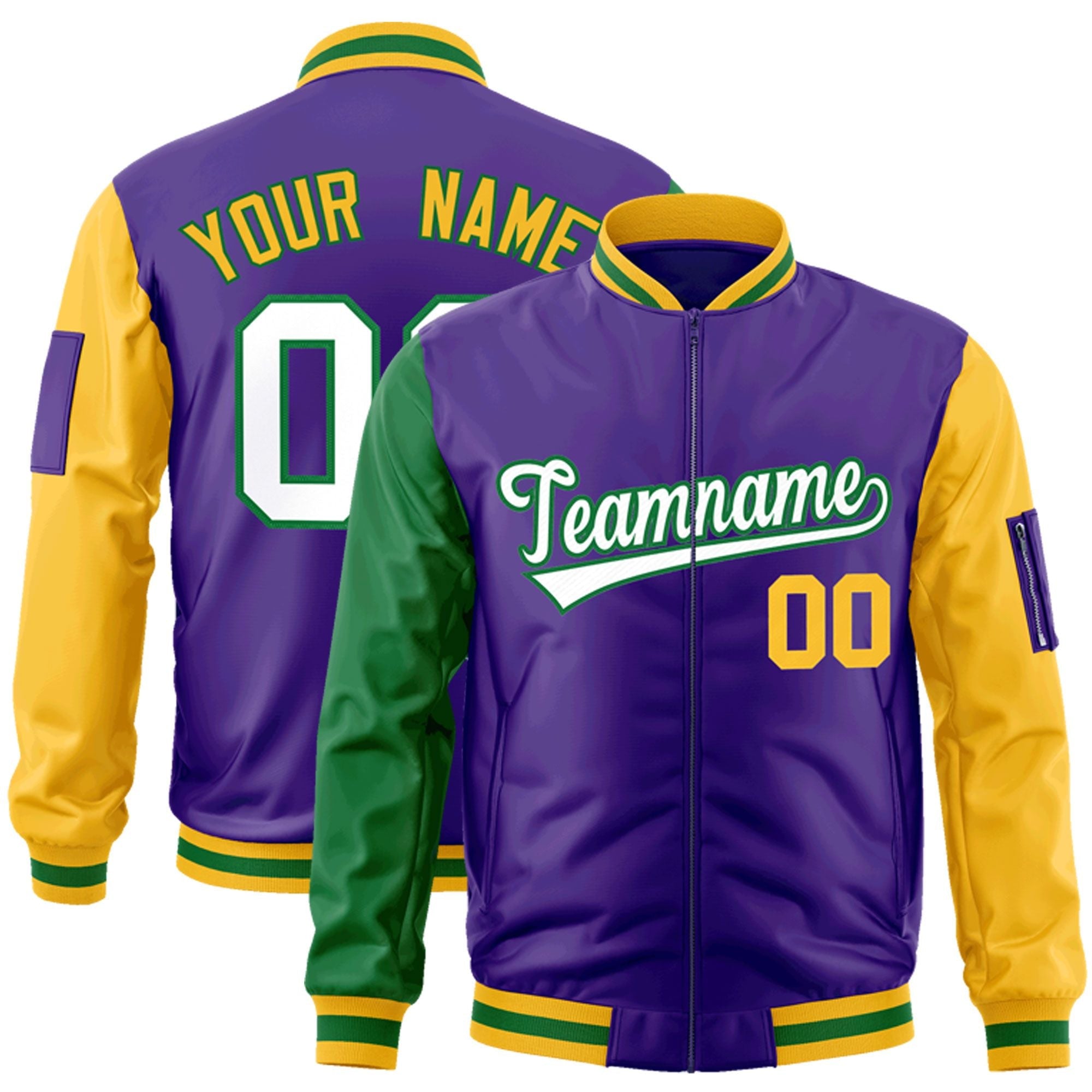 Custom Purple Kelly Green-Gold Varsity Full-Zip Raglan Sleeves Letterman Bomber Jacket