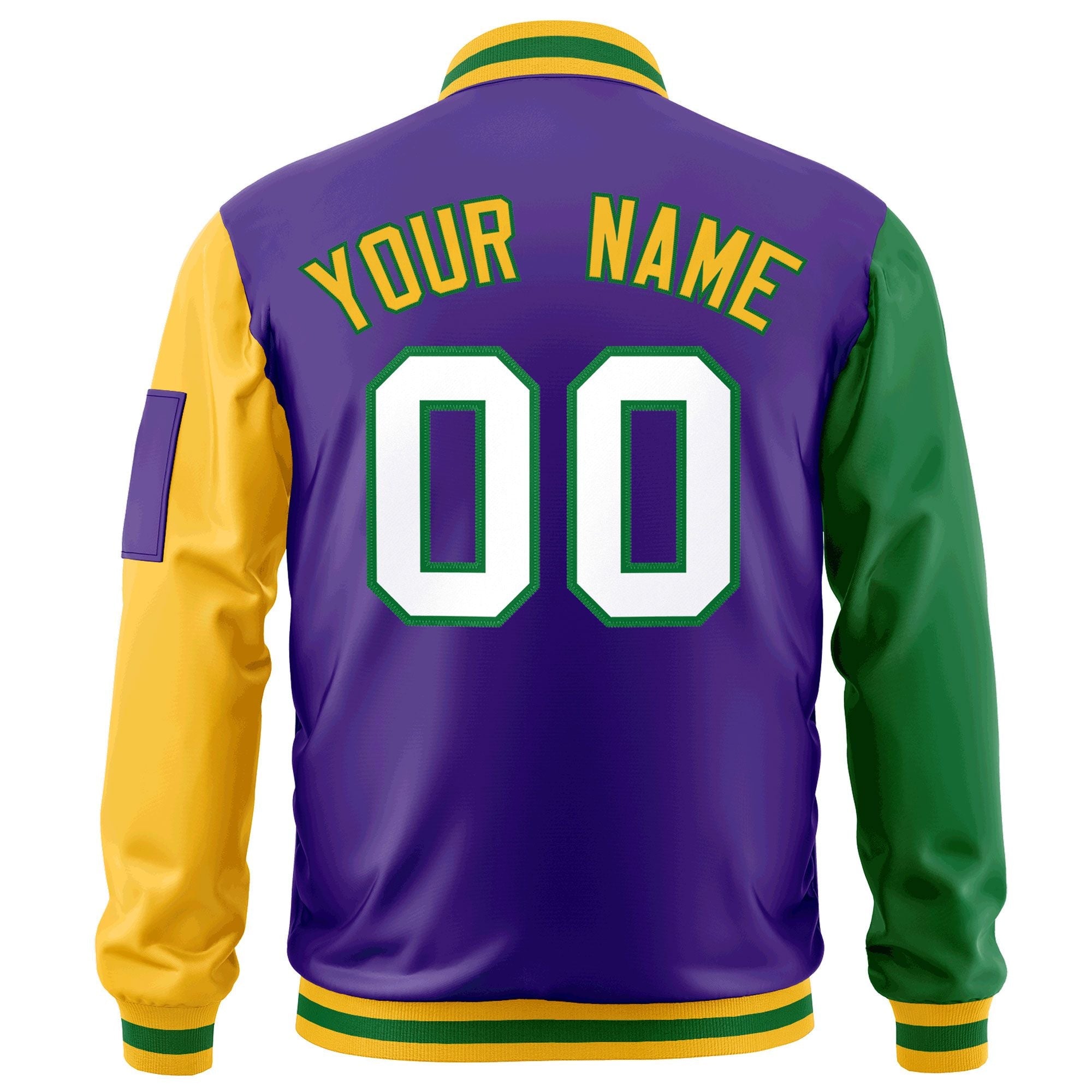 Custom Purple Kelly Green-Gold Varsity Full-Zip Raglan Sleeves Letterman Bomber Jacket