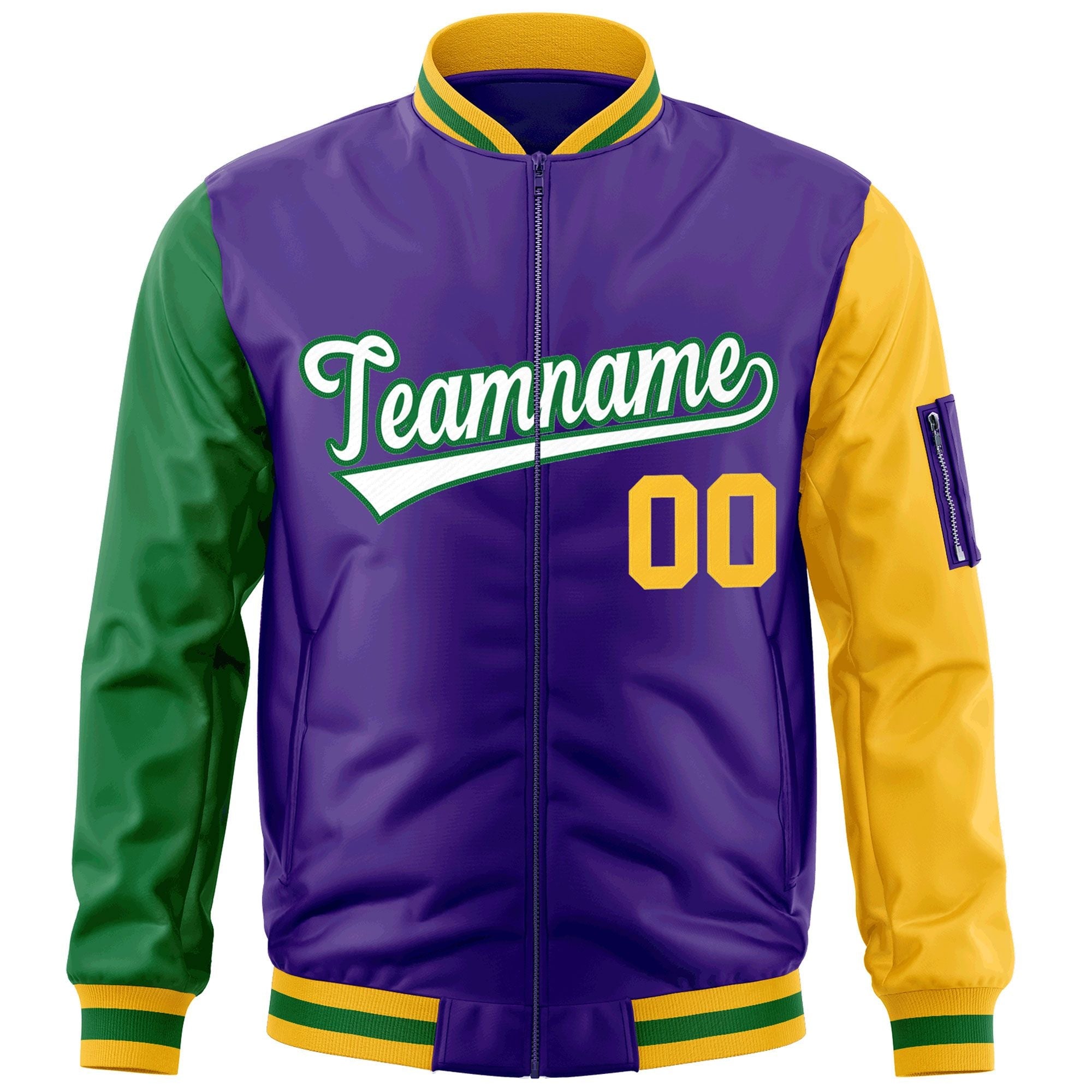 Custom Purple Kelly Green-Gold Varsity Full-Zip Raglan Sleeves Letterman Bomber Jacket