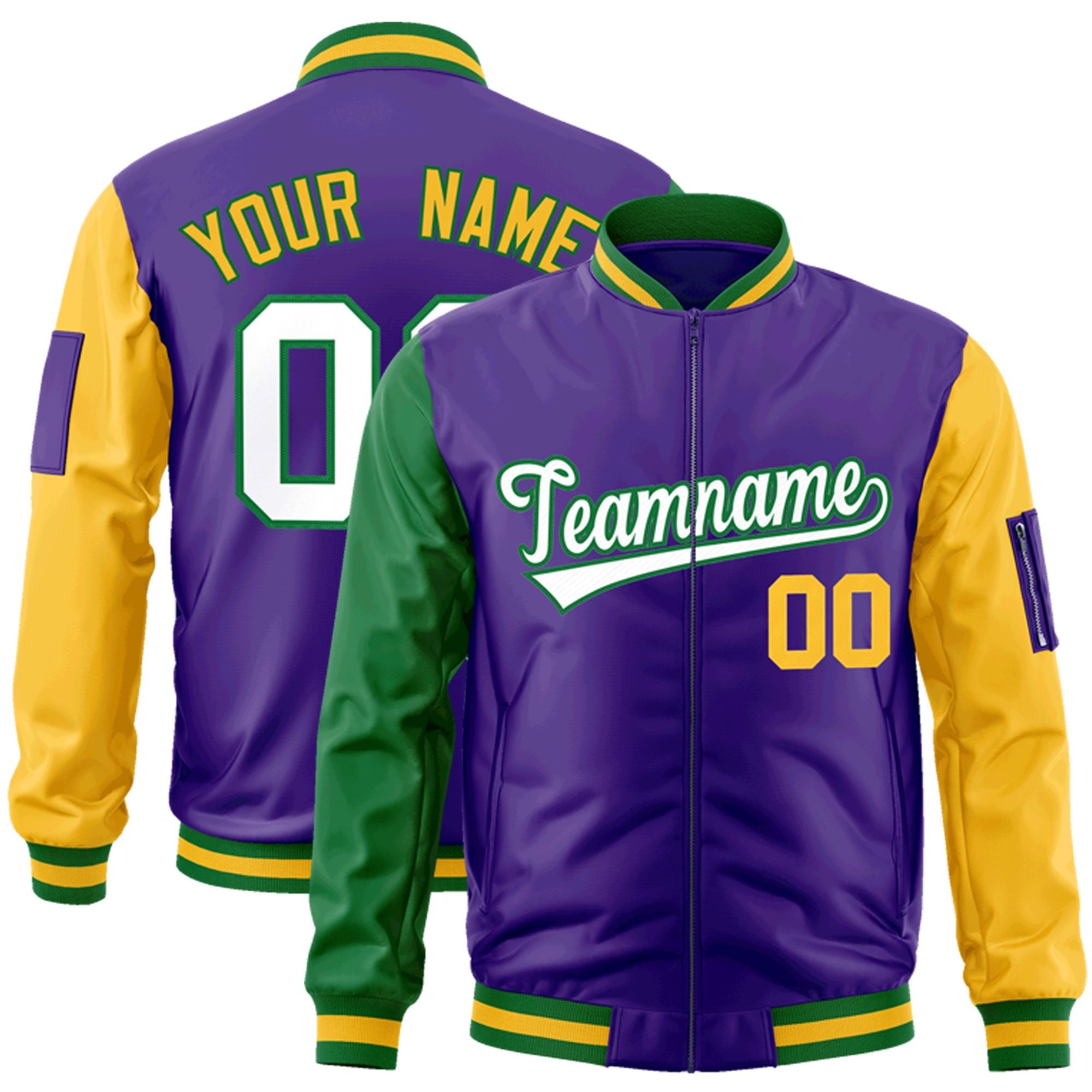 Custom Purple Kelly Green-Gold Varsity Full-Zip Raglan Sleeves Letterman Bomber Jacket