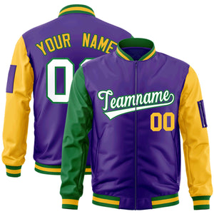 Custom Purple Kelly Green-Gold Varsity Full-Zip Raglan Sleeves Letterman Bomber Jacket