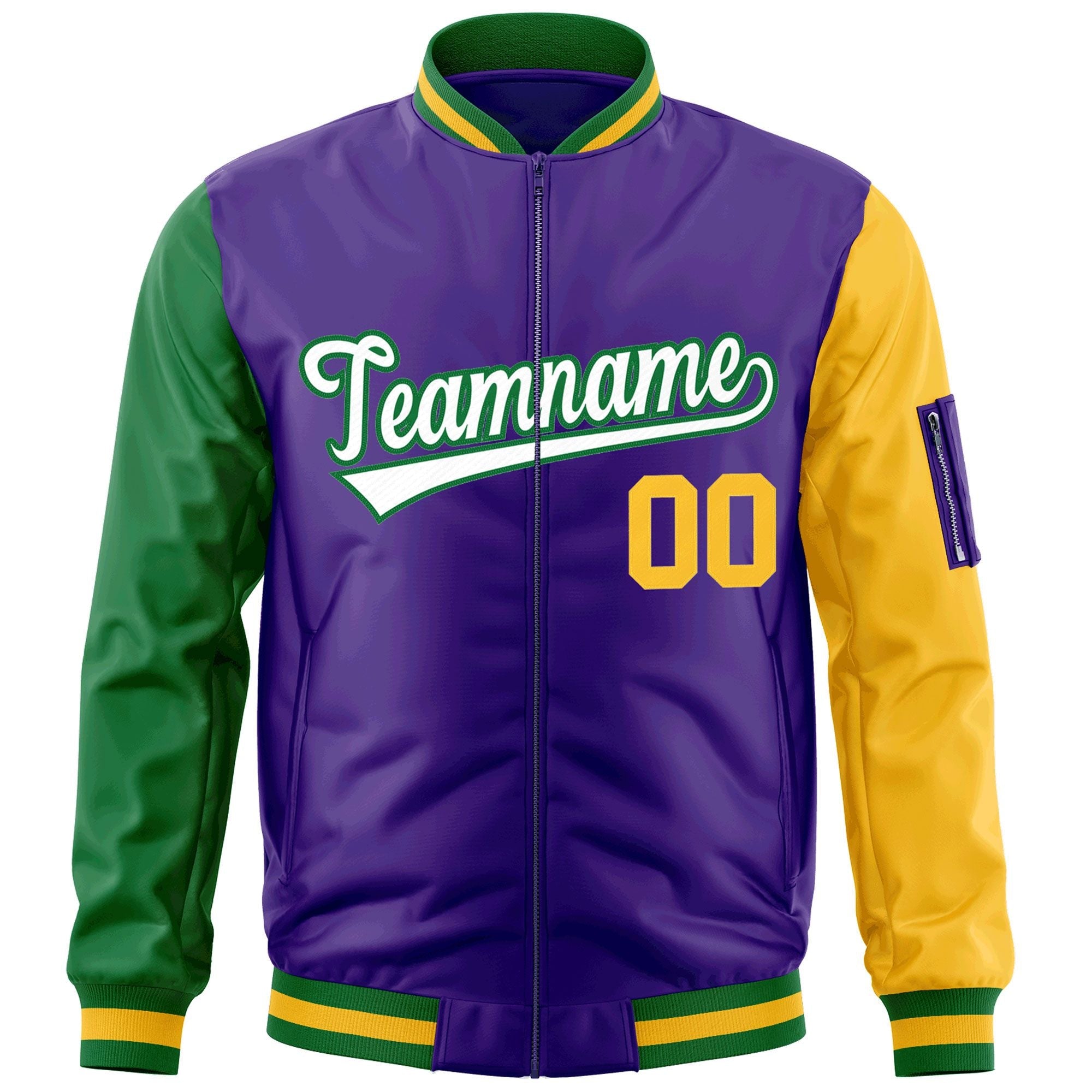 Custom Purple Kelly Green-Gold Varsity Full-Zip Raglan Sleeves Letterman Bomber Jacket