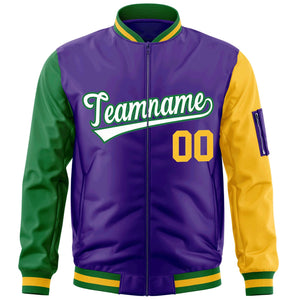 Custom Purple Kelly Green-Gold Varsity Full-Zip Raglan Sleeves Letterman Bomber Jacket