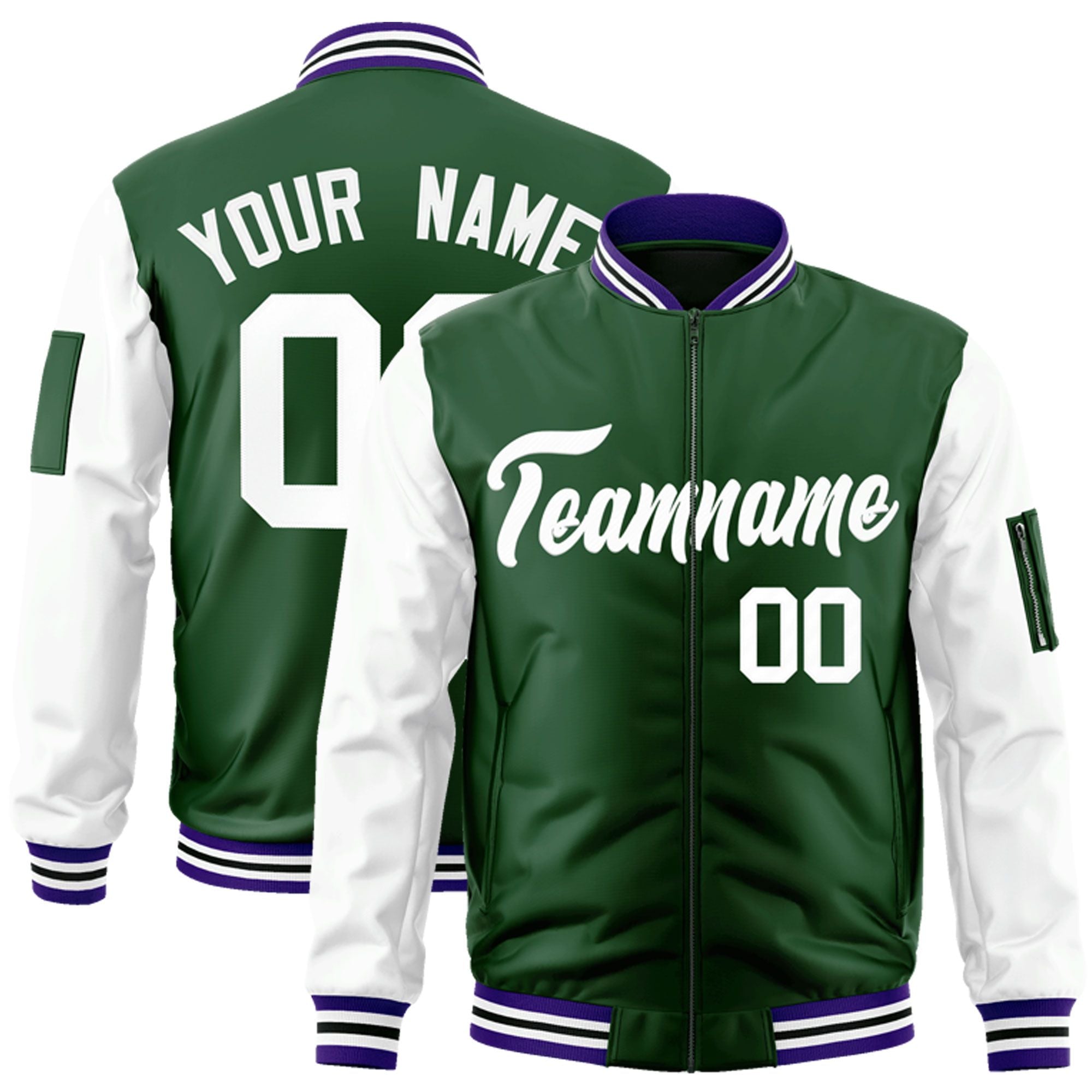 Custom Green-White Varsity Full-Zip Raglan Sleeves Letterman Bomber Jacket