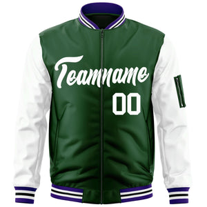 Custom Green-White Varsity Full-Zip Raglan Sleeves Letterman Bomber Jacket