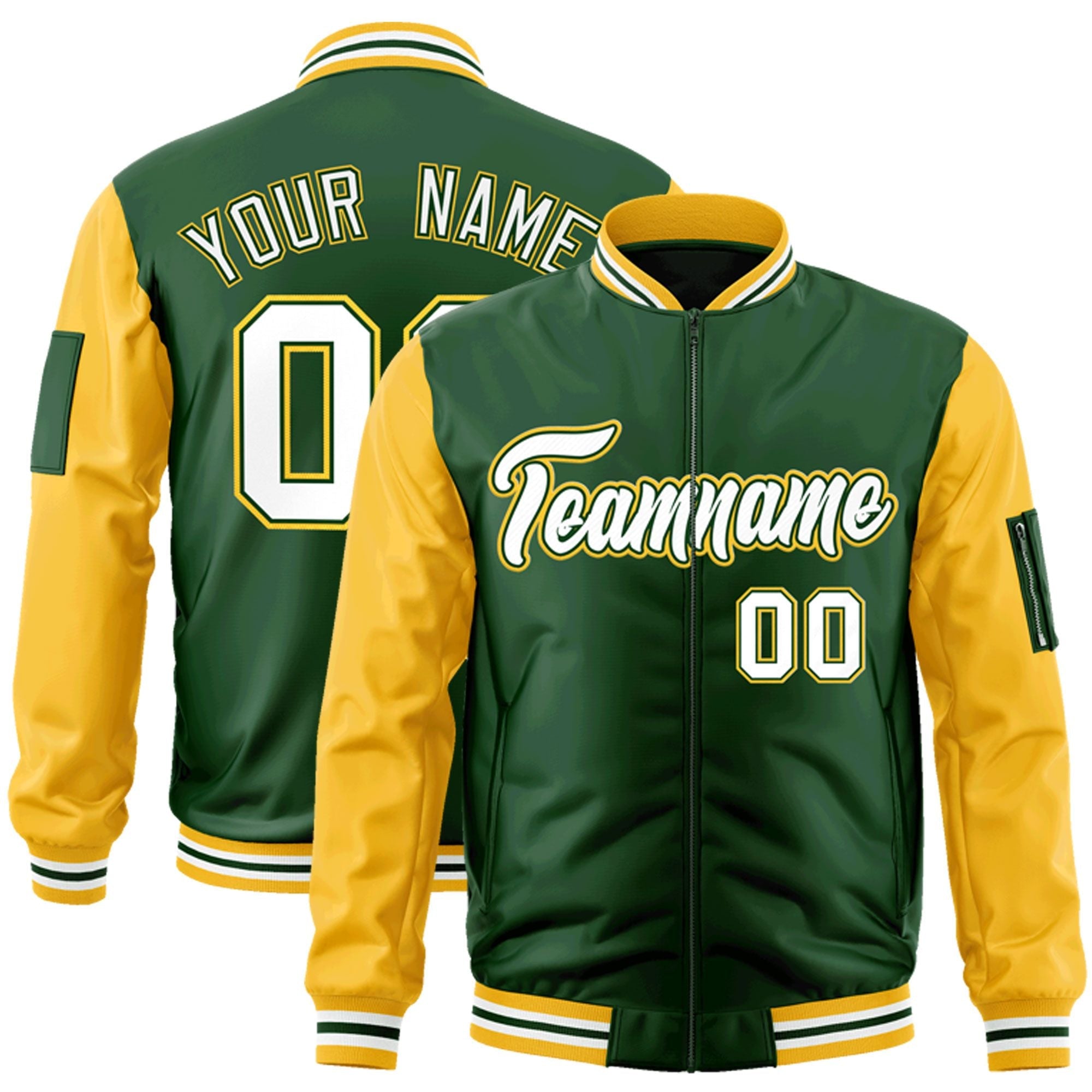 Custom Green White-Gold Varsity Full-Zip Raglan Sleeves Letterman Bomber Jacket